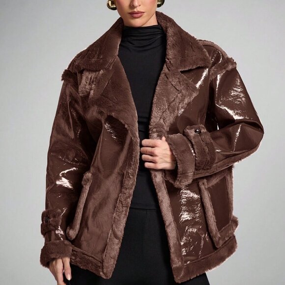 Coffee Brown Casual Women's faux fur detailed Long Sleeve faux Leather Jacket - Picture 4 of 7